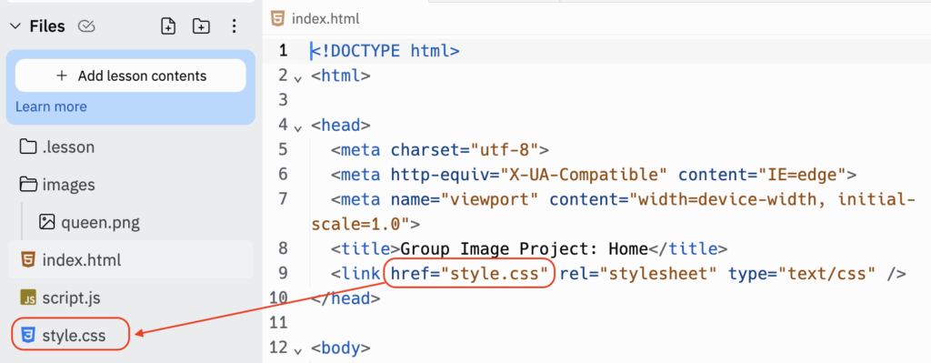 screenshot of replit with href attribute of link element inside of index.html circled and pointing to the style.css file it links to.